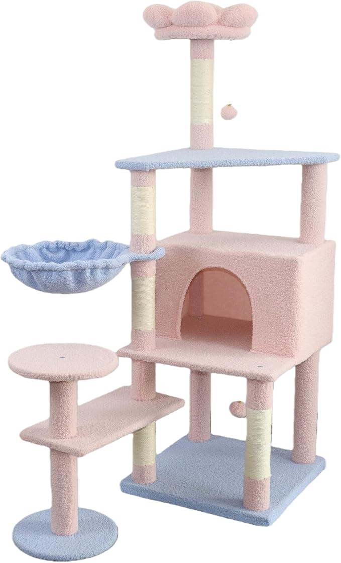 Flower Cat Tree with Large Condo, Removable Flower Cushion and Hammock, Multi-Level Cat Tower with Hanging Basket, Cat Cave, Scratching Posts,Cat Furniture for Indoor Cats, Perfect for Multiple Cats