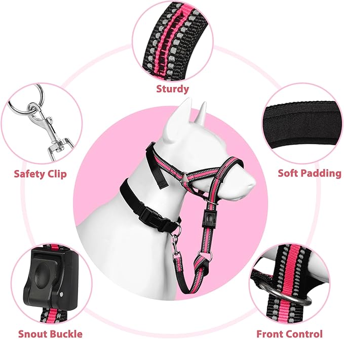 BARKLESS Soft Dog Head Collar, Patented Padded No Pull Head Halter, Training Nose Leash with Safety Link for Medium Large Dogs, Adjustable Muzzle Leash, Easy Control for Walking(Pink, XL)
