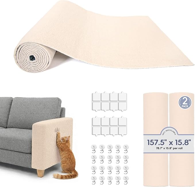 157.5" x 15.8" Cat Scratch Furniture Protector, Self-Adhesive Couch Protector from Cat Claws, Cats Scratching Mat for Couch, Sofa, Wall & Door, DIY Cat Scratch Pads Replacement, 2 Pack (Off White)
