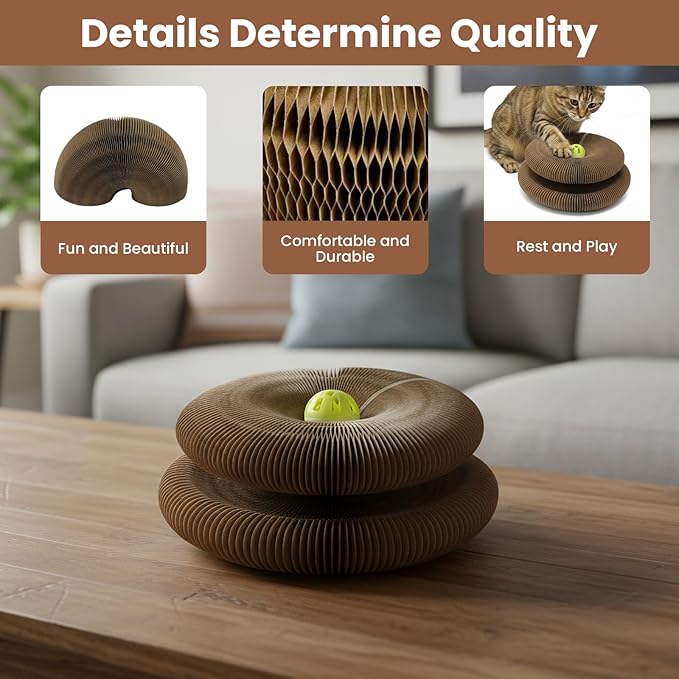 U-Shaped Accordion Cat Scratcher with Interactive Ball - Cute Cartoon Design, Scratch-Resistant, Pet-Safe for Feline Entertainment & Claw Care