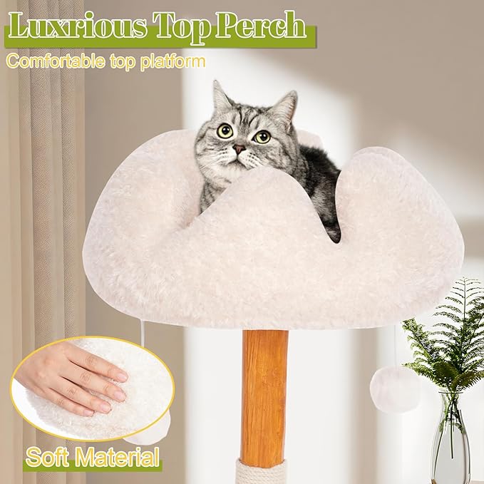 Cute Cat Tree Tower for Indoor Cats Adult, Wood Flower Cat Trees with Cat Hammock, Modern Cat Tree Tower with Scratching Post, Aesthetic Luxury Cats Condo for Cats Kitten(Alpine White)