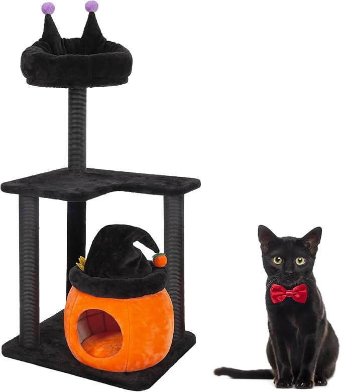 KAMABOKO Gothic Cat Tree, 44.8in Black Cat Tower with Coffin Bed, Big Tall Cat Condo with Sisal Scratching Posts, Scratching Ramp and Comfort Basket for Indoor Cats