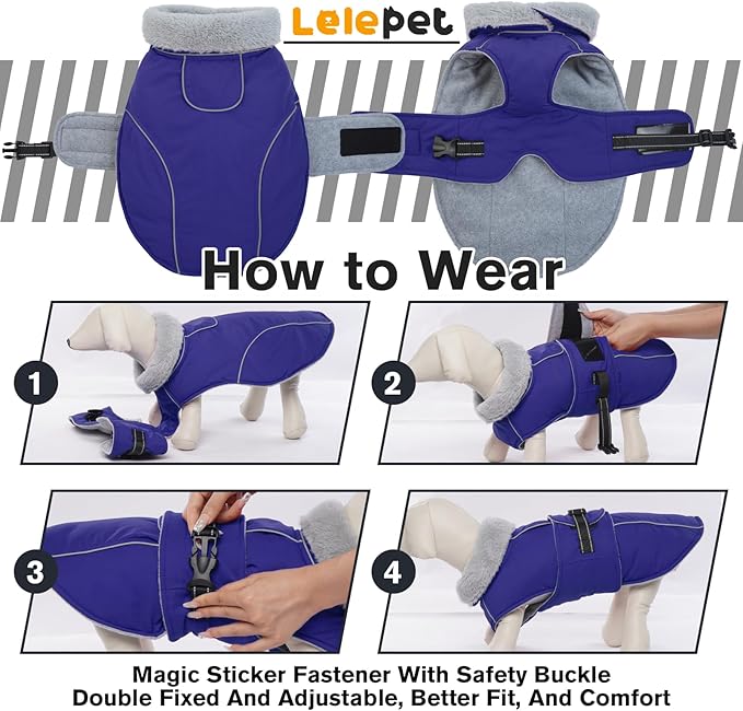 Lelepet Warm Dog Coat Reflective Fleece Vest Waterproof Dog Jacket with Adjustable Buckle Hook & Loop Windproof Cold Weather Coats for Small Medium Large Dogs, Blue, L
