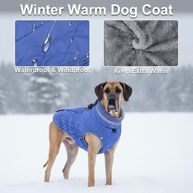 Dog Coat, Warm Dog Winter Coat for Large Dogs, Waterproof Jacket with Harness Built in, Reflective Turtleneck Cold Weather Coats with Zipper,Pet Fleece Vest Snow Jacket, Blue L