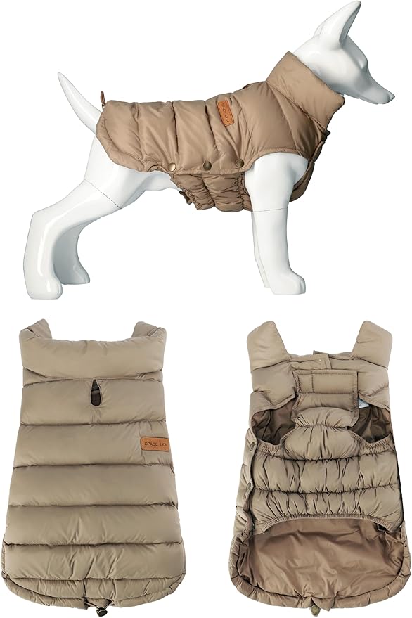 SPACE LION Dog Puffer Jacket, Down Winter Coat, Durable Outdoor Coat for Cold and Windy Conditions, Lightweight & Adjustable Fit Coats for Small Dogs, (Camel, Size 8 Gift Box)
