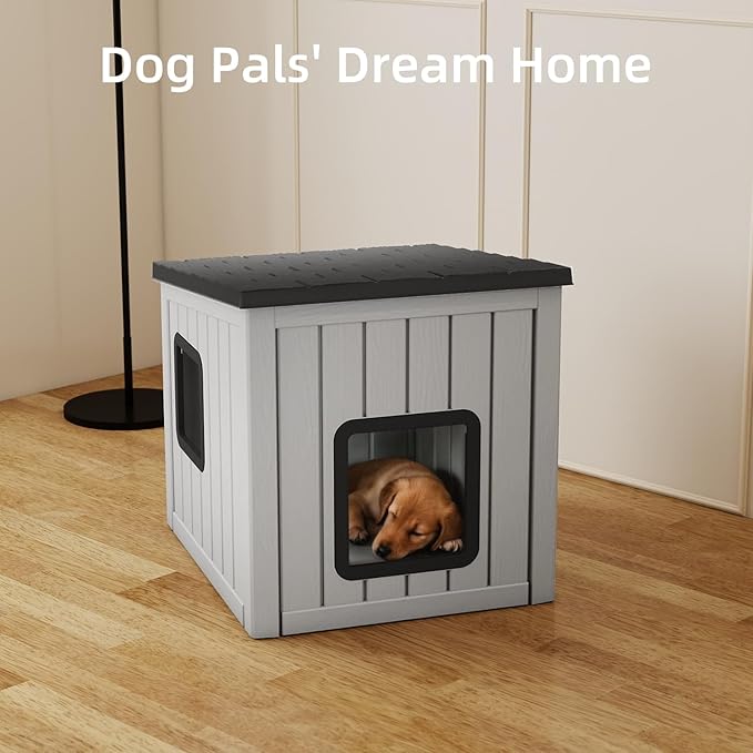 Dog House Small Dog Houses Outdoor with Sloped Roof Waterproof Ventilated Design Easy to Clean Elevated Floor Easy Assembly for Middle Sized Dogs(Grey 24.65"*21.5"*22.21")