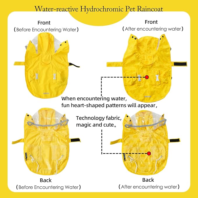 Dog Raincoat,Waterproof Rain Poncho with Hoodie, High Reflective Adjustable Pet Rain Jacket with Leash Hole for Small Medium and Large Dogs (Yellow(Water-Reactive Hydrochromic), XX-Large: 55-70lbs)
