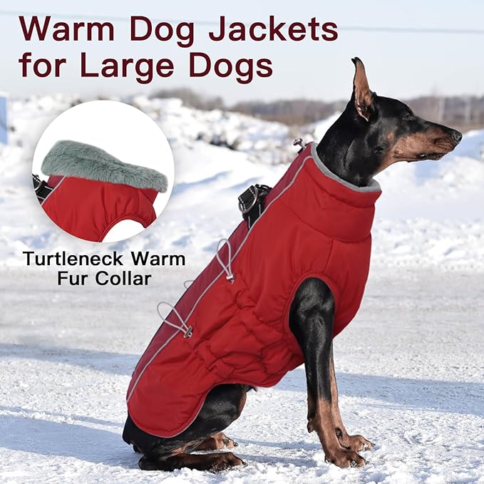 Dog Winter Jacket - 3X Large, Warm Zip Up Snowsuit Dog Harness Vest, Reflective, Water-Resistant, Red