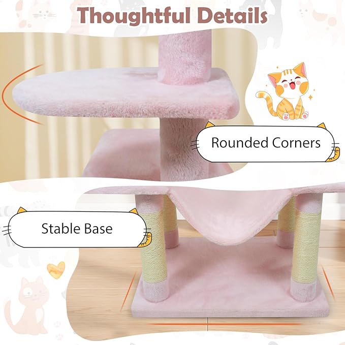 Tangkula 58 Inch Pink Cat Tree, Multi-Level Cat Tower with Sisal Scratching Posts, Padded Top Perch, Condo & Hammock, 3 Hanging Balls, Jumping Platforms for Indoor Cats (Pink)