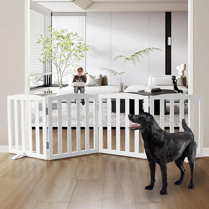 Freestanding Dog Gate Indoor,Doggie Gate Foldable Dog Gates for Doorways,Stairs or Hallways, Wooden White Pet Gate for the House, Pet Fence with Support Feet Included,24 "Height-4 Panels