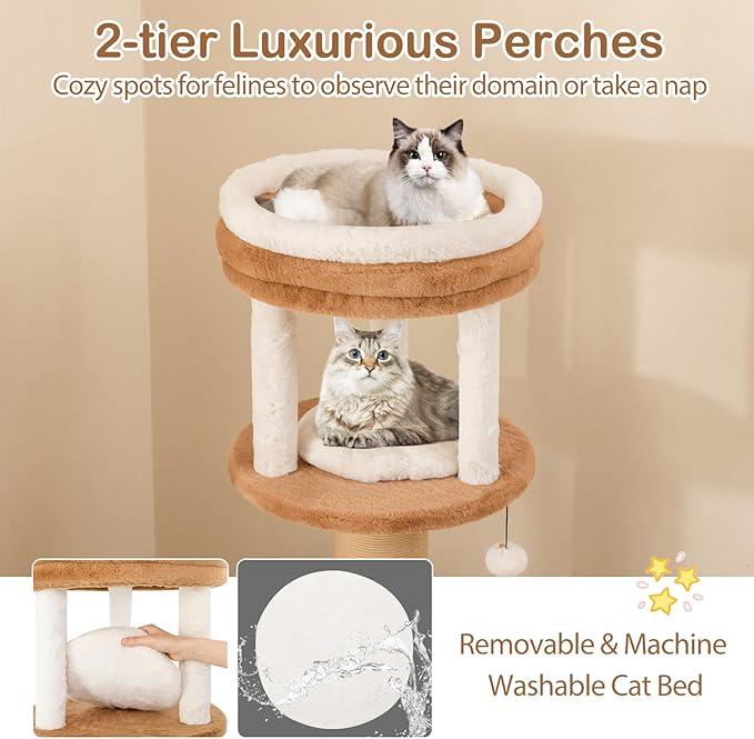PETSITE 65 Inch Tall Cat Tree, Multi-Level Cat Tower with Scratching Posts, Soft Faux Rabbit Fur Padded Perches, Removable Cushion, Sisal Rope, and Dangling Ball, Modern Cat Tree Tower for Indoor Cats