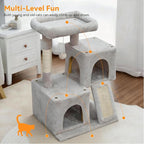Cat Tree, 29.5 Inches Cat Tower with Dual Condos for Indoor Cats, Plush Cat House with Padded Perch, Scratching Ramp and Posts White-Gray