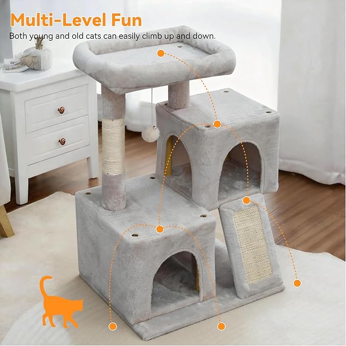 Cat Tree, 29.5 Inches Cat Tower with Dual Condos for Indoor Cats, Plush Cat House with Padded Perch, Scratching Ramp and Posts White-Gray