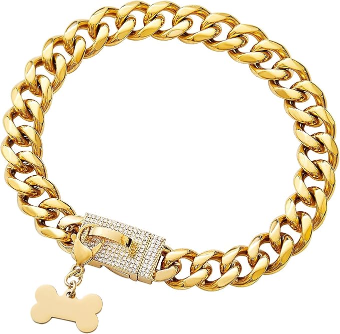 New Gold Dog Chain Collar with Bling Zircon Buckle,19MM Strong Stainless Steel Cuban Link Chain Collar,Dog Necklace Collar for Small Medium,Large Dogs