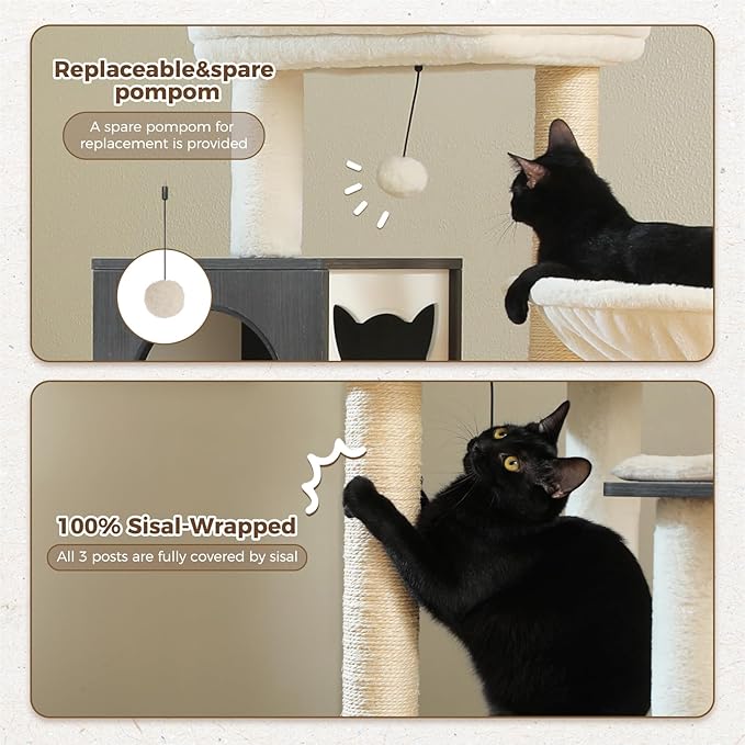 PETEPELA Cat Tree with Litter Box Enclosure, 2-in-1 Wood Cat Tower for Indoor Large Cats, 57.5'' Cat Condo with Scratching Posts, Cozy Hammock and Repalcable Dangling Balls, Black