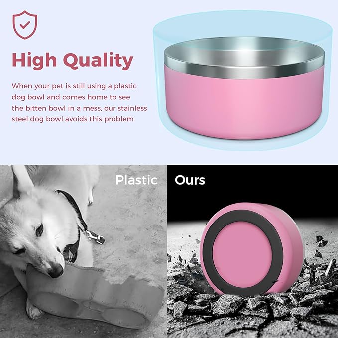 Dog Bowl, Stainless Steel Dog Food and Water Bowl with Non Slip Quiet Bottom, Easy to Clean, Dishwasher Safe, 64oz, Pink
