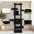 Anwick 68" Tall Cat Tree Tower with Scratching Posts, Cat House with Hammocks, Cat Condos for Indoor Cats, Removable Cushions, Multi-Level Cat Playground (Black)