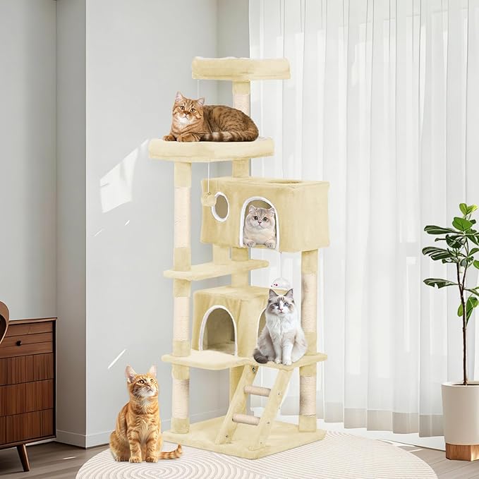 Cat Tree Tower 53 inch - Multi-Level Indoor Activity Center with Sisal Scratching Posts, Condo, Plush Perch & Hanging Toys for Large Cats (Beige)