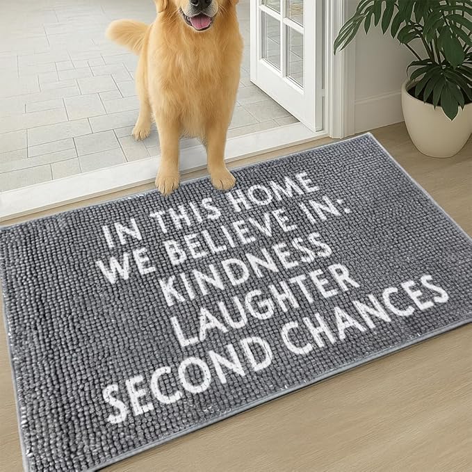 Muddy Mat® Absorbent Microfiber Door Mat, Non Slip Washable Chenille Rug - in This Home We Believe in Kindness Laughter Second Chances Funny Welcome Mat Indoor Outdoor 19"x30"