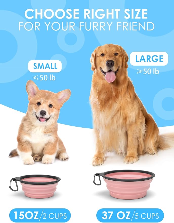 Aonkey Collapsible Dog Bowls with Bottle Carrier, 2 Pack Travel Dog Water Bowl Upgraded Carabiner, One-Piece Molded Rim No Fall Off or Crack 37oz, Blue & Pink