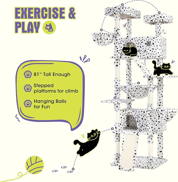 WEEWAY Cat Tree Tower for Indoor Cats,81'' Multi-Level Cat Furniture Activity Center,Stand House Condo Cave,Sisal Scratching Posts Ramps,Plush Perches Platforms Basket Hammock,White&Black Spot