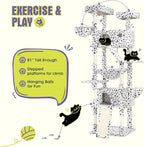 WEEWAY Cat Tree Tower for Indoor Cats,81'' Multi-Level Cat Furniture Activity Center,Stand House Condo Cave,Sisal Scratching Posts Ramps,Plush Perches Platforms Basket Hammock,White&Black Spot