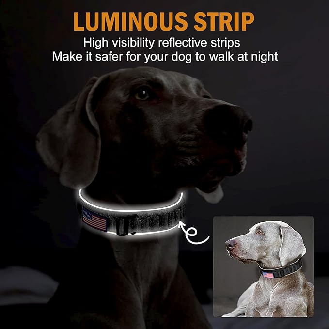 HYDEME Tactical Dog Collar, Alpine Loop Adjustable Military Training Nylon Dog Collars with Handle and Reflective for Small Medium Large Dogs, with Airtags Protective Case & Patches.(L,Black)