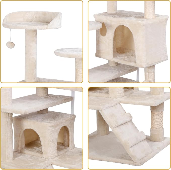 LEMY 54 Inch Cat Tree,Multi-Level Cat Tower Condo for Indoor Kittens,Beige Cat House with Sisal-Covered Scratching Post for Cats to Play and Sleep