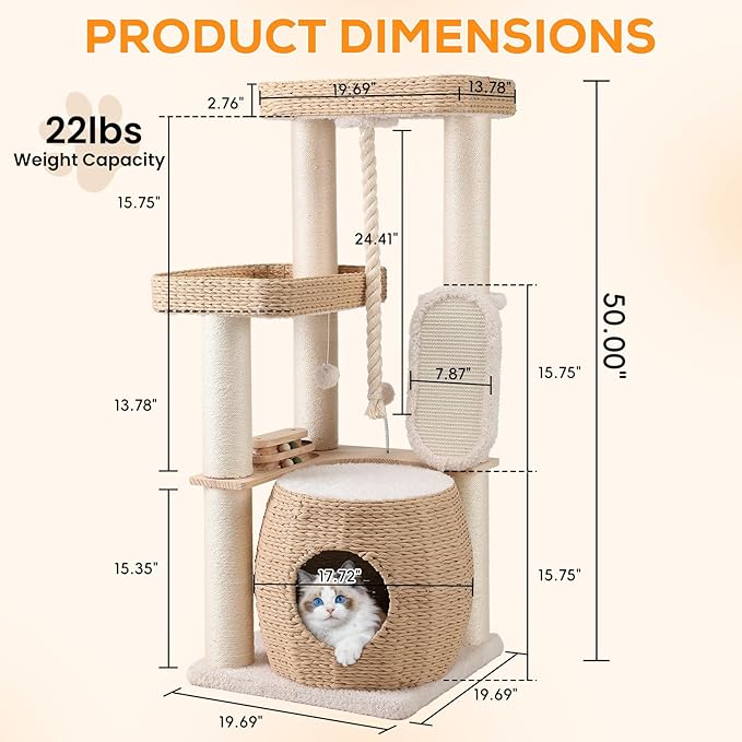 EMUST Luxury Modern Cat Tree Tower 50IN - Heavy-Duty Multi-Level Cat Condo with Extra-Large Hand-Woven Rattan Bed & Thickened Scratching Post for Indoor Cats Large Adult