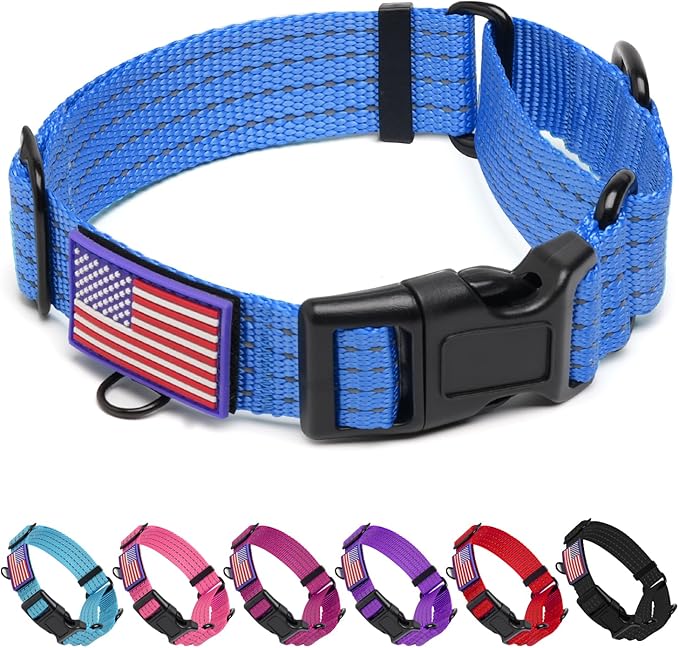 Martingale Dog Collar, Reflective No Pull Training Collar with Quick Release Buckle & USA Flag, Heavy-Duty Nylon, Adjustable for Small Medium Large Dogs (L,Blue with Flag