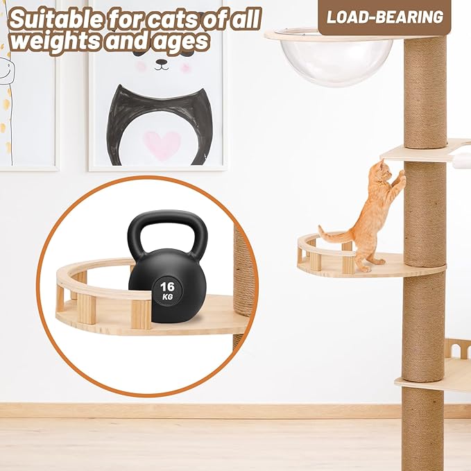 Romiromi 98”-102” Floor to Ceiling Cat Tree, Height Adjustable 7-Tier Ceiling to Floor Cat Tower, Wooden Pet Tree with 6 Sisal Scratching Post for Indoor Cats