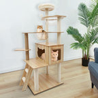 Wood Cat Tree, Modern 5-Tier Wooden Cat Tree, Wooden Tower with Acrylic Space Capsules & Sisal Scratching Post, 55.1in Multi-Level Activity Center for Indoor Cats (22lbs Capacity)