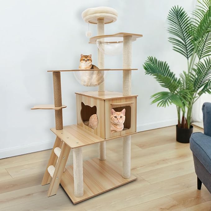 Cat Tower Floor Mount Cat Tree 55.1 in Multi-Level Cat Condos with Scratching Post and Comfortable Plush Hammock 5 Tires Cat Tree for Indoor Cats