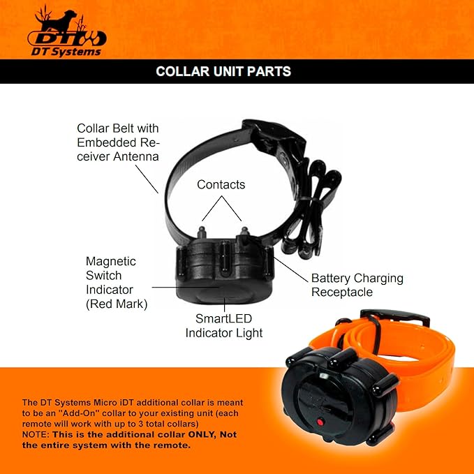 DT SYSTEMS Micro iDT Additional Collar for DT Systems Micro iDT Plus Dog Training System, 6-22" Adjustable Replacement Add-On E-Collar - Orange