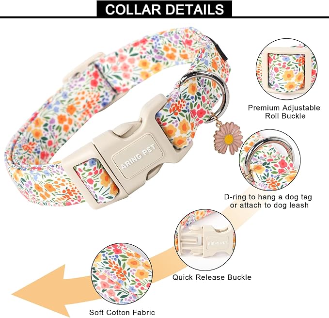 ARING PET Spring Summer Girl Dog Collar-Cute Dog Collars for Small Dogs, Adjustable Cotton Floral Pet Collars Puppy Collar for Small Medium Large Dogs