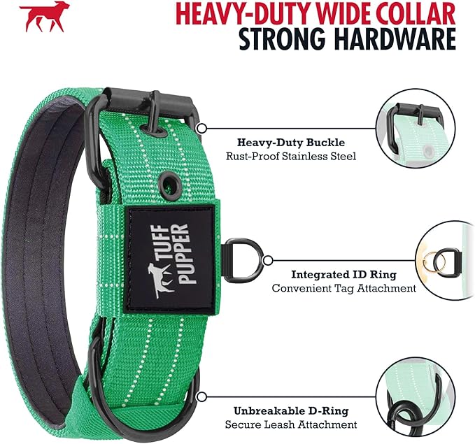Tuff Pupper Heavy Duty Tactical Dog Collar | 1.25" Wide Ballistic Nylon | Reflective Stitching | Integrated ID Tag Holder | Stainless Steel Buckle | Padded Lining | Small & Medium Dogs (Green, Small)