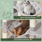 Taoqimiao 71 Inches Cat Tree for Large Cats 20lbs+, 3 Giant Perches, Multi-Level Cat Tree Tower, Widened Cat Condo with 9 Scratching Posts, Luxurious Hammcock & Basket, Light Gray, MS034W
