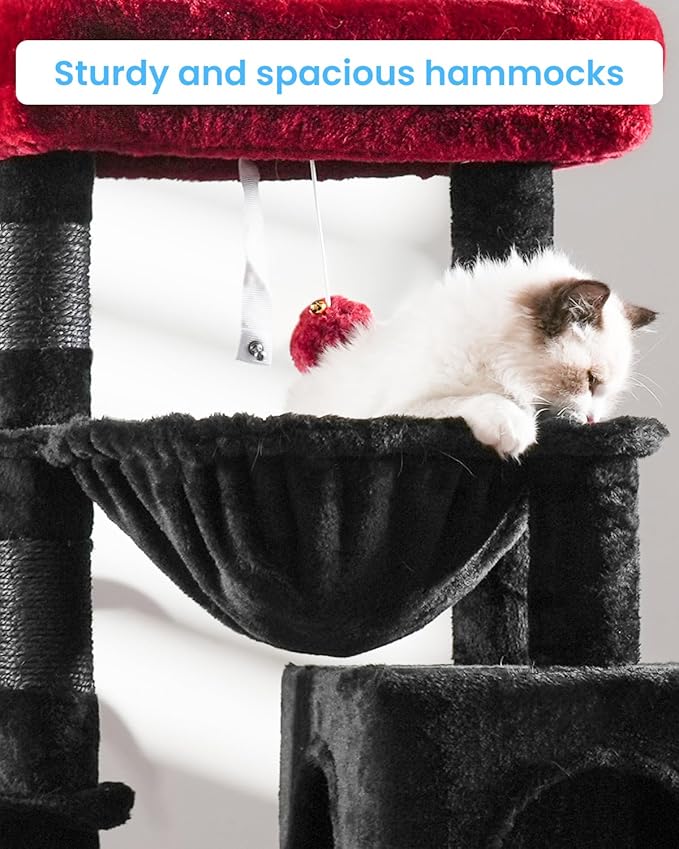 Hey-brother Gothic Cat Tree, Cat Tower for Indoor Cats, Cat House with Large Padded Bed, Cozy Condo, Hammocks, Sisal Scratching Posts, Big Scratcher, Black and Red MPJ006SBR