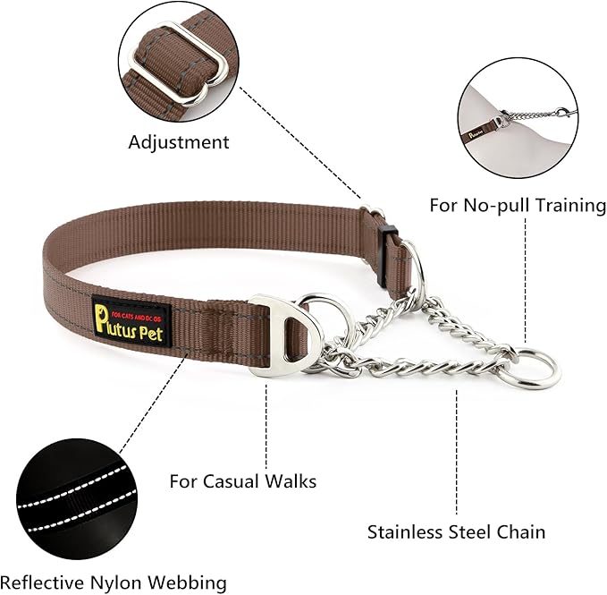 Plutus Pet Martingale Dog Collar with Stainless Steel Chain and Reflective Nylon, Adjustable No Pull Training Collar, for Small Medium, and Large Dogs, Chocolate, M