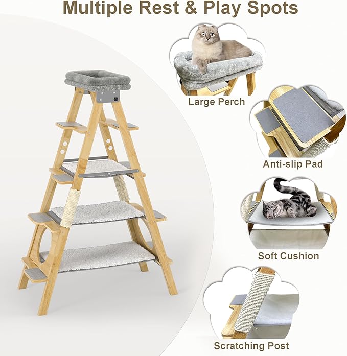 GDLF Modern Wood Cat Tree Foldable Ladder Design with Hammock & Sisal Scratch Post, Solid Wood Tall Tower for Large Cat Easy Clean 60" H