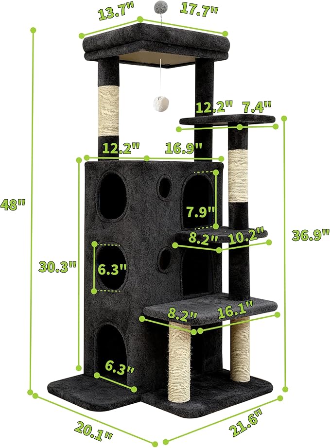 Cat Tree Tower for Indoor Cats, Adult Cat Tree House for Large Adult Cats with Steps, Scratching Post, 3 Cat Caves, Dangling Toys (Dark Gray)
