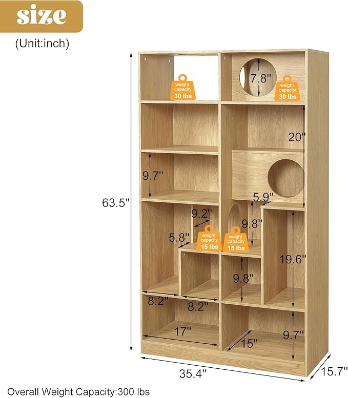 Bookcase Wooden Cat Tree, Natural Color Bookshelf Indoor Cat House Pet Furniture, Display Case with Storage, Cat Litter Box Enclosure Climbing Shelf