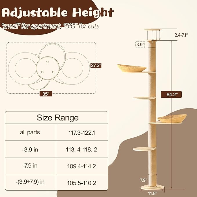 Tinnmao Solid Real Wood Floor to Ceiling Cat Tree, 5 Level Adjustable Height (75"-91"), Modern Climbing Tower with Thickened Wooden Sisal Scratching Posts & Cozy Bed for Indoor Cats Large Adult