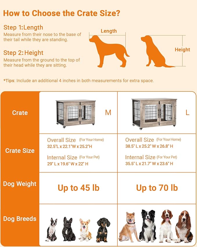 Dog Crate Furniture with Cushion, Wooden Dog Kennel with Double Doors, Heavy Duty Dog Cage End Table with Wheels, Dog House Indoor for Small Medium Dogs up to 45 lb, 32.5” L, Grey