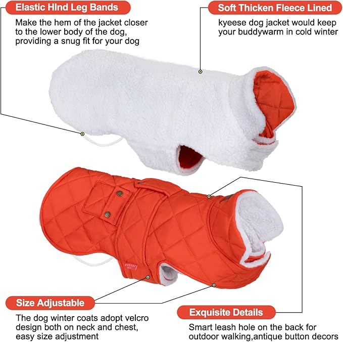 KYEESE Dog Coat Waterproof Dogs Jacket with Fleece Lined Thick Pets Clothes with Pocket Warm Pet Winter Puffer Coat with Leash Hole Soft Pet Sweater for Cold Weather Windproof Dog Coats for Small Dogs