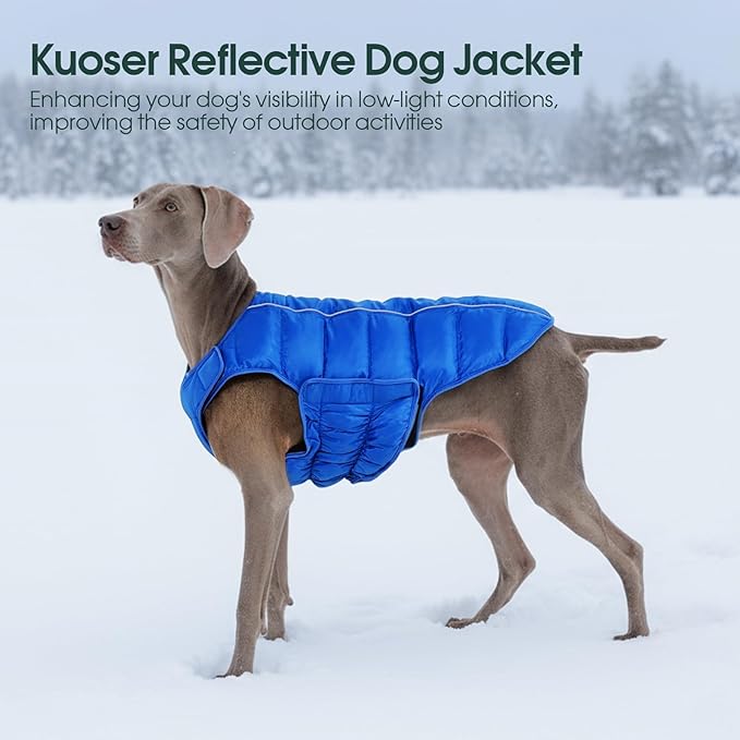 Kuoser Dog Puffer Jacket Warm Dog Coat for Large Dogs, Windproof Reflective Pet Padded Vest Cold Weather Clothes Puppy Snowsuit with Hook & Loop Coats, Easy On/Off, Blue XL