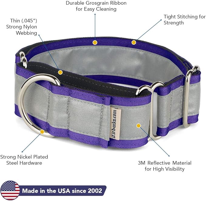 If It Barks - 1.5" Reflective Martingale Collar for Dogs - Adjustable - Made in USA - Strong, Durable, and Comfy - Ideal for Training - Suitable for Most Breeds - Small, Purple