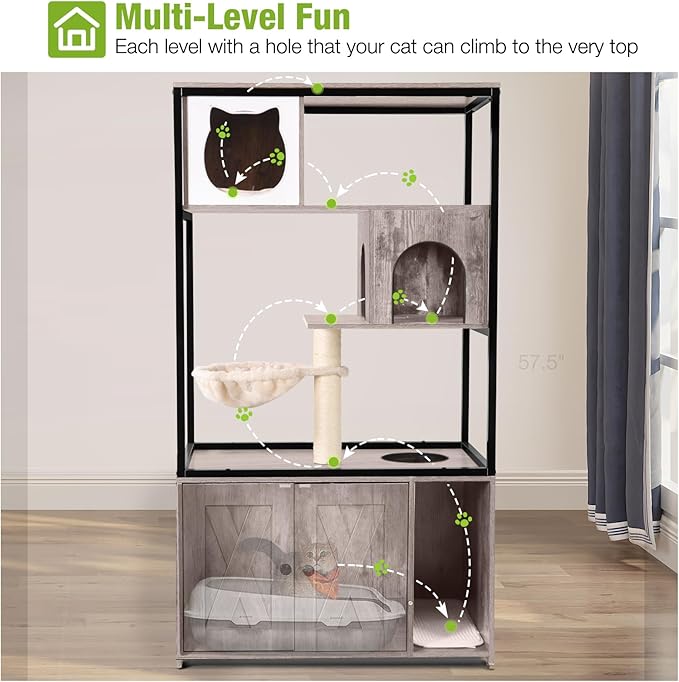 GUTINNEEN Cat Litter Box Enclosure Cat Tree with Hidden Litter Box Furniture with Scratching Post, Hammock, and Mat 57.5 Inch (Nature)