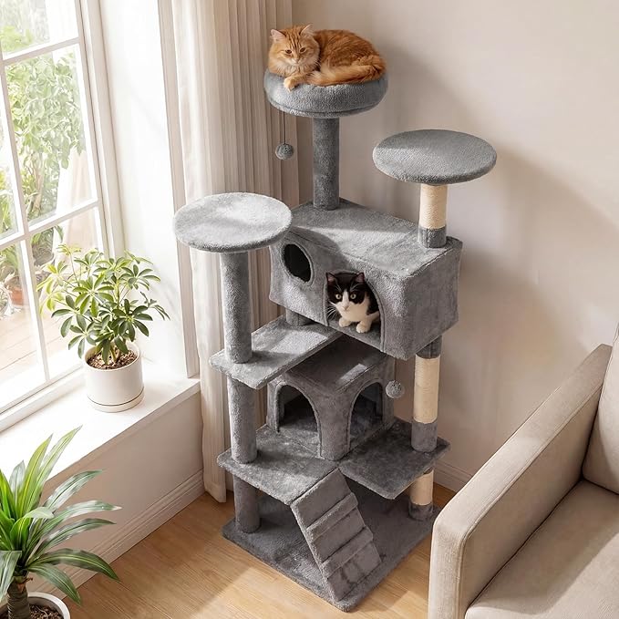 Tangkula Cat Tree Tower, 52 Inch Multi-Level Cat Tower with Sisal Scratching Posts, Cushioned Top Perch, Large Dual Condos & Ladder, 2 Hanging Balls, Jumping Platforms for Indoor Cats (Light Gray)