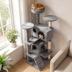 Tangkula Cat Tree Tower, 52 Inch Multi-Level Cat Tower with Sisal Scratching Posts, Cushioned Top Perch, Large Dual Condos & Ladder, 2 Hanging Balls, Jumping Platforms for Indoor Cats (Light Gray)
